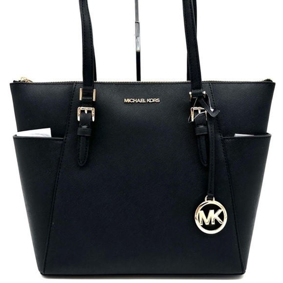 Michael Kors Large Charlotte Tote Bag Luggage Leather Black/Gold (NWT) - Picture 2 of 12